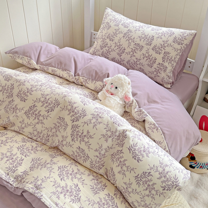 91家纺网 家纺一手货源 找家纺 朵朵家纺2025新款水洗云朵糯糯棉三四件套水洗棉简约风ins风小碎花学生宿舍床被套床单款床笠款三四件套——单被套 - 副本 紫颜