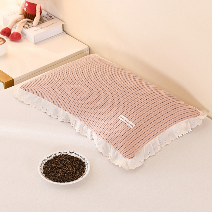 金牛枕芯 2025新款全棉双层纱荞麦枕简约条纹学生儿童枕头枕芯护颈枕 纱布条花边枕-粉色