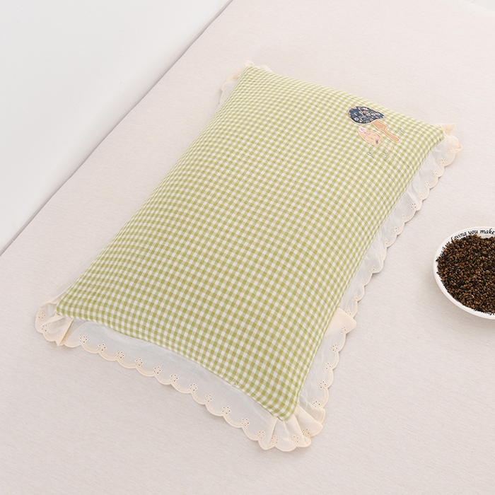 金牛枕芯 2025新款儿童荞麦枕 全棉双层纱小蘑菇贴布绣花边枕头枕芯 哇塞猫-绿格子