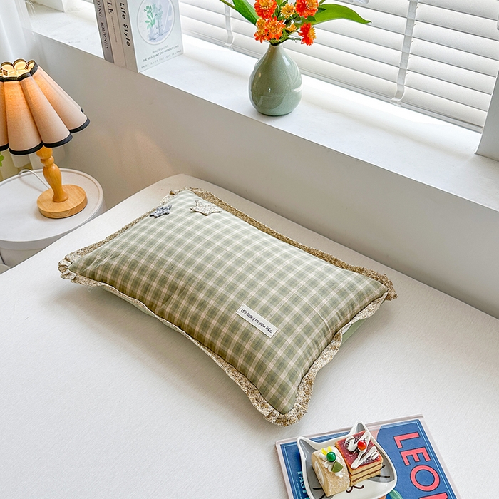 91家纺网 家纺一手货源 找家纺 金牛枕芯 2025新款全棉水洗棉小提花荞麦枕花边护颈枕头学生儿童枕芯枕头 星星枕-绿格子