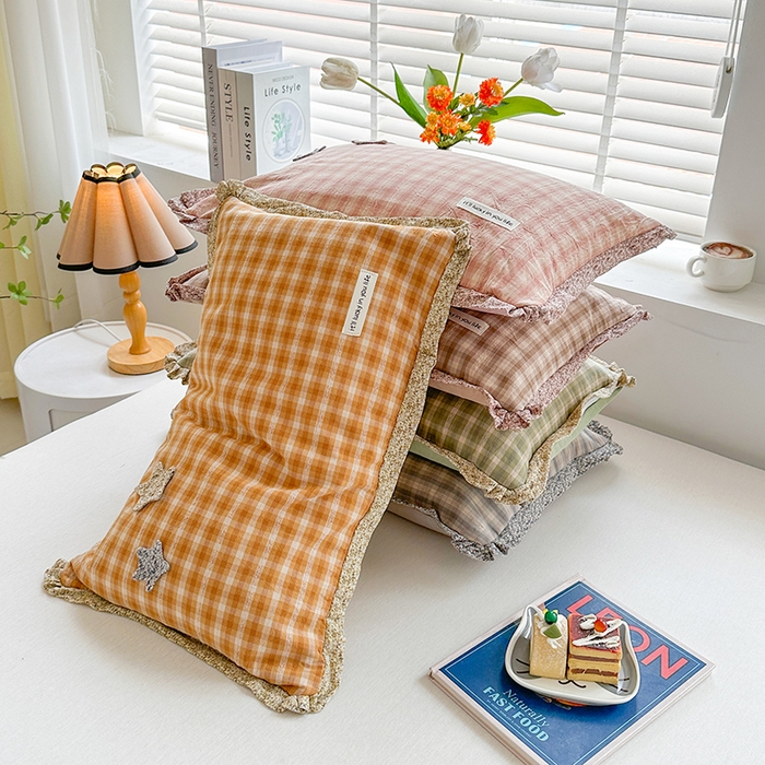 91家纺网 家纺一手货源 找家纺 金牛枕芯 2025新款全棉水洗棉小提花荞麦枕花边护颈枕头学生儿童枕芯枕头 星星枕-绿格子