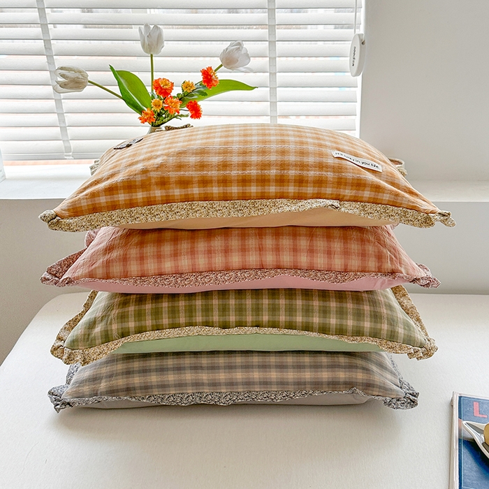 91家纺网 家纺一手货源 找家纺 金牛枕芯 2025新款全棉水洗棉小提花荞麦枕花边护颈枕头学生儿童枕芯枕头 星星枕-绿格子