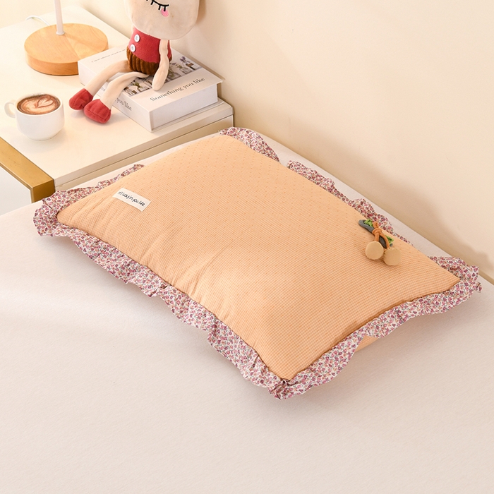 金牛枕芯 2025春夏新款贴布绣樱桃荞麦枕全棉水洗棉小提花儿童学生枕头枕芯 樱桃丸子-橙色