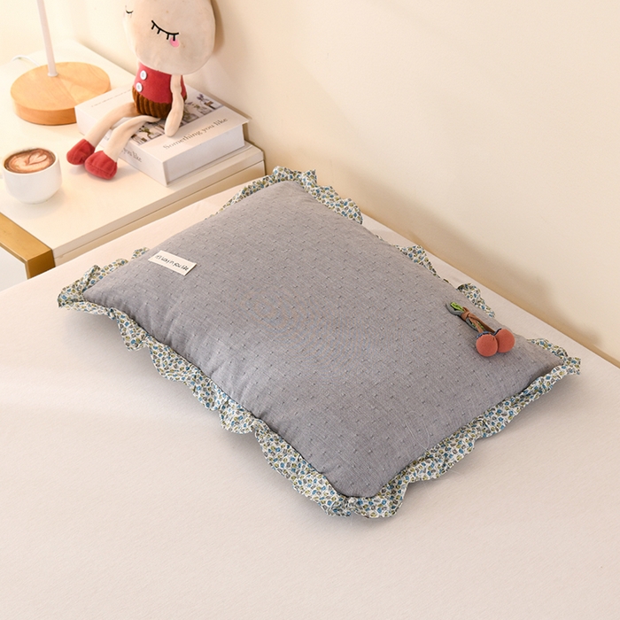 金牛枕芯 2025春夏新款贴布绣樱桃荞麦枕全棉水洗棉小提花儿童学生枕头枕芯 樱桃丸子-灰色