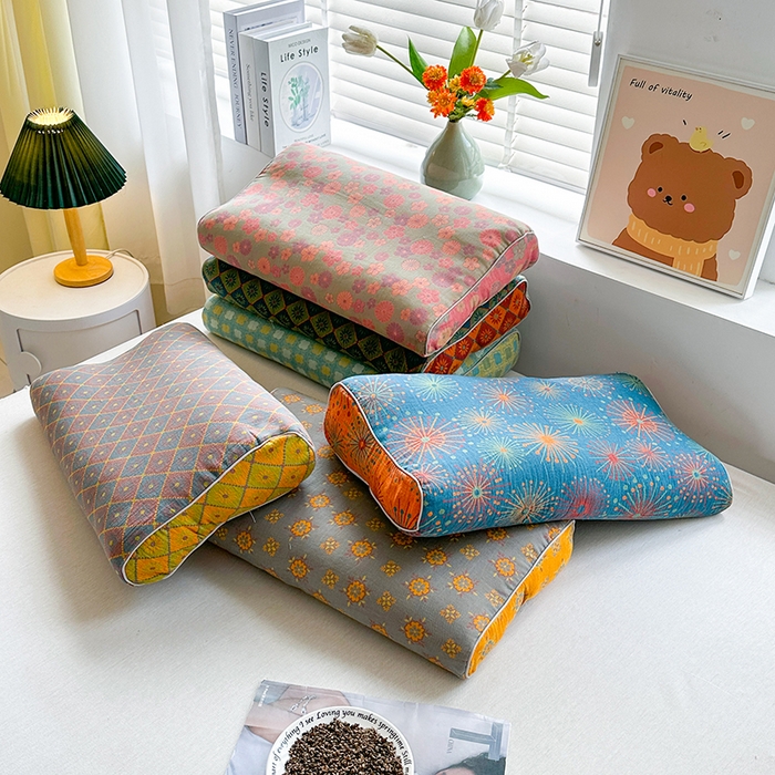 91家纺网 家纺一手货源 找家纺 （总）金牛枕芯 2025春夏新款全棉双层纱色织提花全荞麦枕牵引枕高低造型枕头枕芯