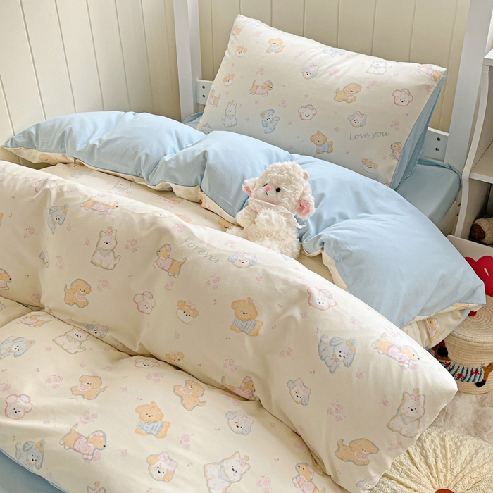 91家纺网 家纺一手货源 找家纺 朵朵2025新款水洗云朵糯糯棉三四件套水洗棉简约风ins风小碎花学生宿舍床被套床单款床笠款三四件套 萌宠