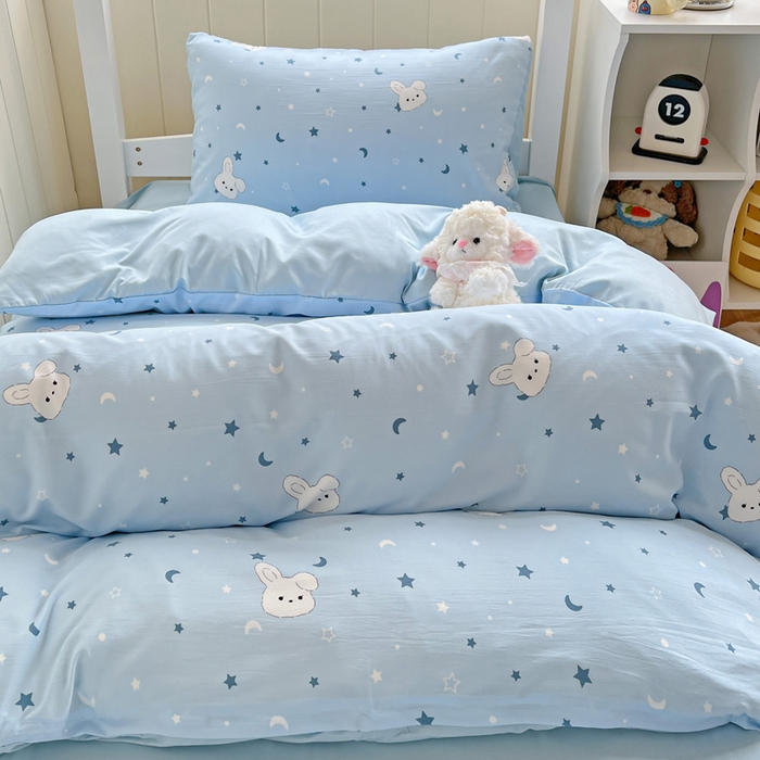 91家纺网 家纺一手货源 找家纺 朵朵2025新款水洗云朵糯糯棉三四件套水洗棉简约风ins风小碎花学生宿舍床被套床单款床笠款三四件套——单被套 星空兔