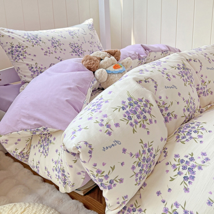 91家纺网 家纺一手货源 找家纺 朵朵2025新款水洗云朵糯糯棉三四件套水洗棉简约风ins风小碎花学生宿舍床被套床单款床笠款三四件套 薰衣草