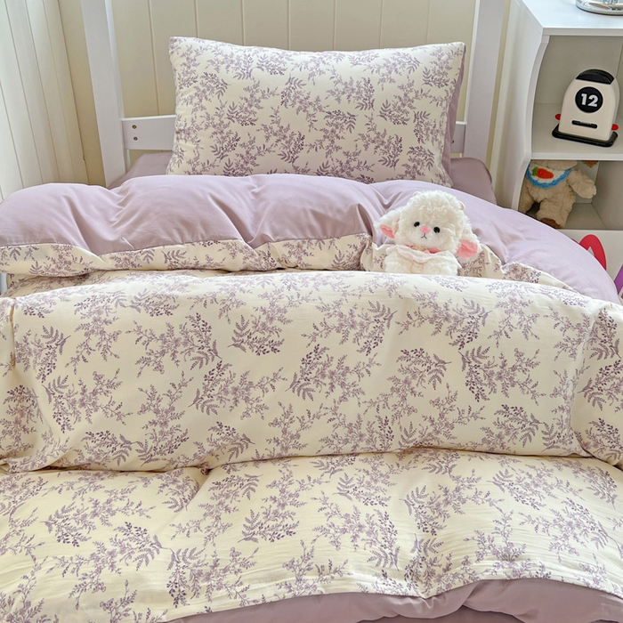 91家纺网 家纺一手货源 找家纺 朵朵2025新款水洗云朵糯糯棉三四件套水洗棉简约风ins风小碎花学生宿舍床被套床单款床笠款三四件套紫颜