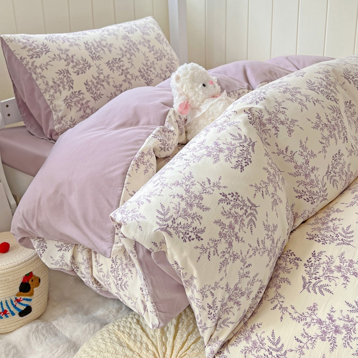 91家纺网 家纺一手货源 找家纺 朵朵2025新款水洗云朵糯糯棉三四件套水洗棉简约风ins风小碎花学生宿舍床被套床单款床笠款三四件套紫颜