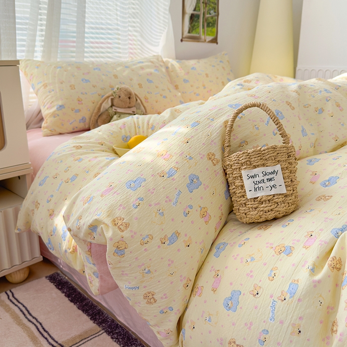 91家纺网 家纺一手货源 找家纺 竹合家纺 2025新品云感皱皱四件套跑量款小清新四件套萌宠乐园