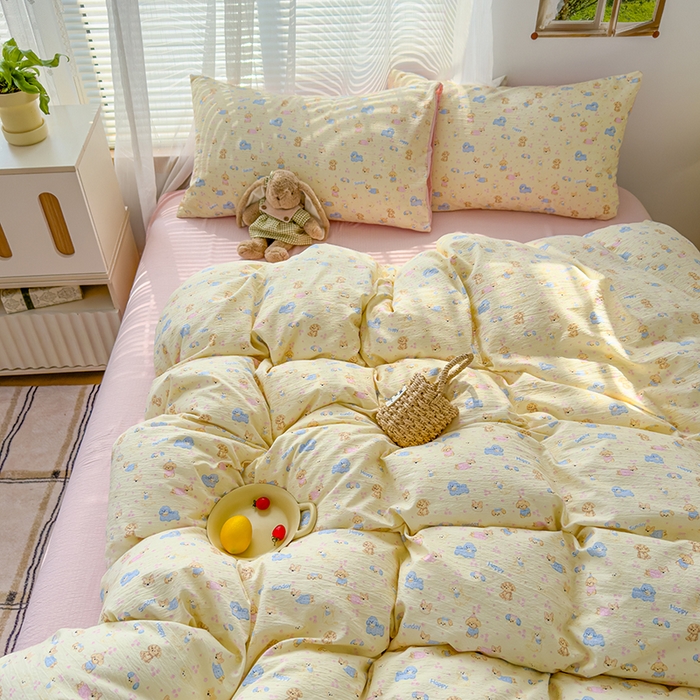 91家纺网 家纺一手货源 找家纺 竹合家纺 2025新品云感皱皱四件套跑量款小清新四件套萌宠乐园