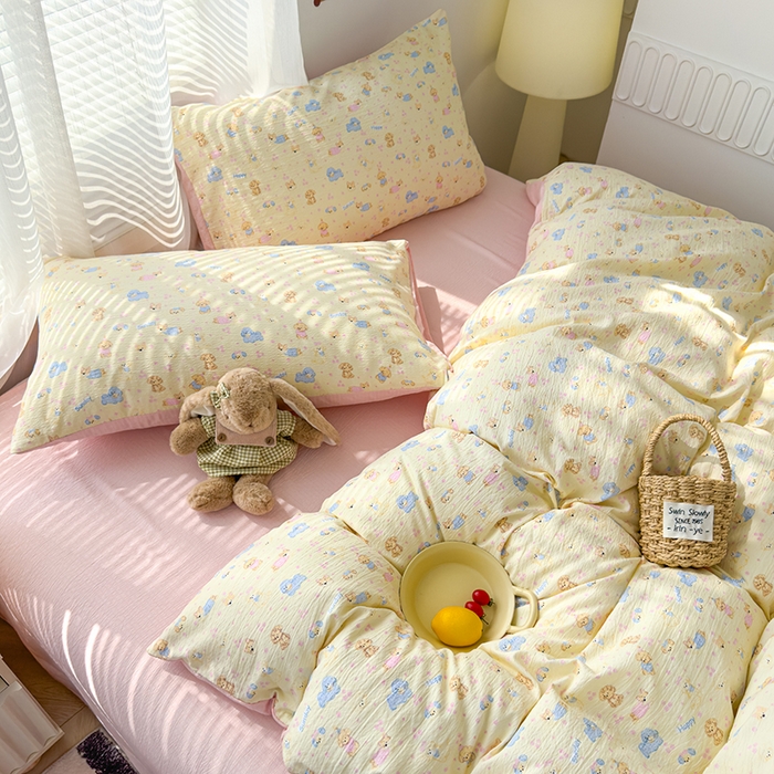 91家纺网 家纺一手货源 找家纺 竹合家纺 2025新品云感皱皱四件套跑量款小清新四件套萌宠乐园