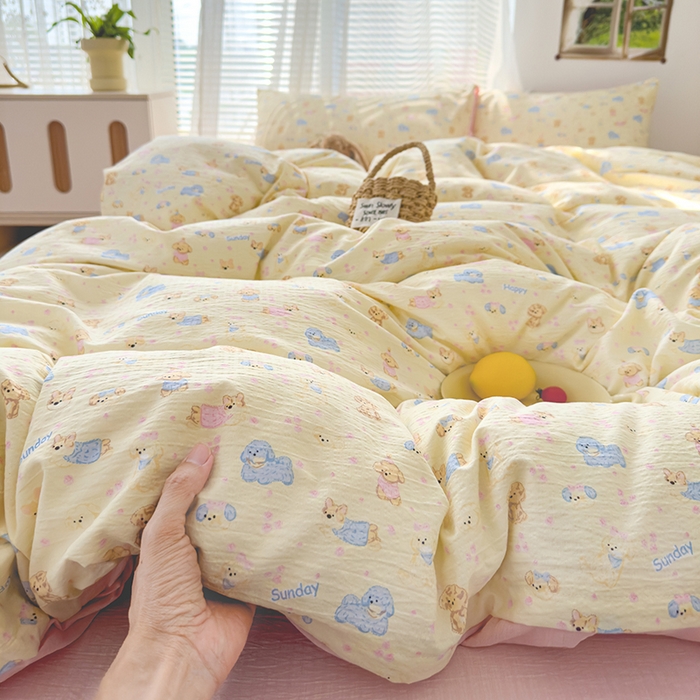 91家纺网 家纺一手货源 找家纺 竹合家纺 2025新品云感皱皱四件套跑量款小清新四件套萌宠乐园