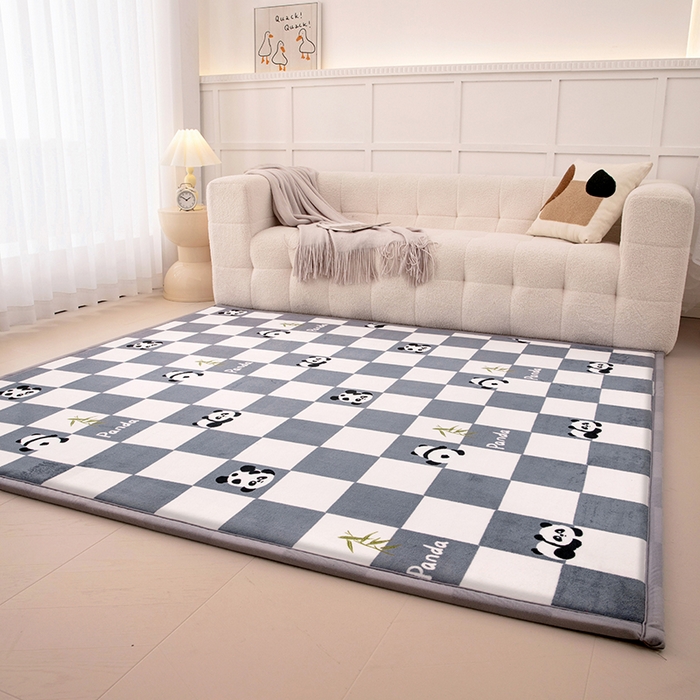 91家纺网 家纺一手货源 找家纺 北辰 2024新款印花绒地垫床边垫床垫褥子打地铺神器客厅地垫可定制 方格熊猫蓝灰