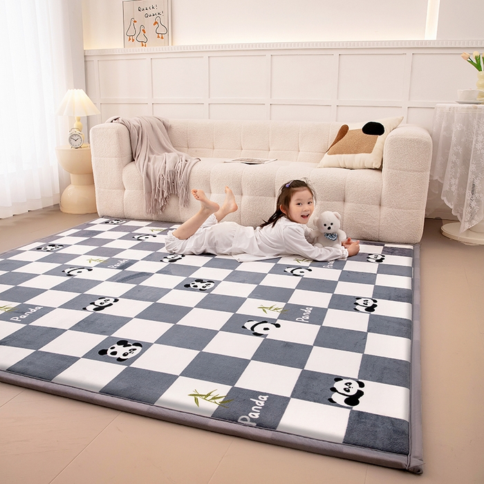 91家纺网 家纺一手货源 找家纺 北辰 2024新款印花绒地垫床边垫床垫褥子打地铺神器客厅地垫可定制 方格熊猫蓝灰