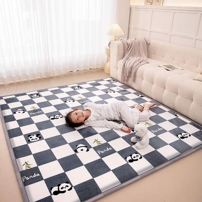 91家纺网 家纺一手货源 找家纺 北辰 2024新款印花绒地垫床边垫床垫褥子打地铺神器客厅地垫可定制 方格熊猫蓝灰