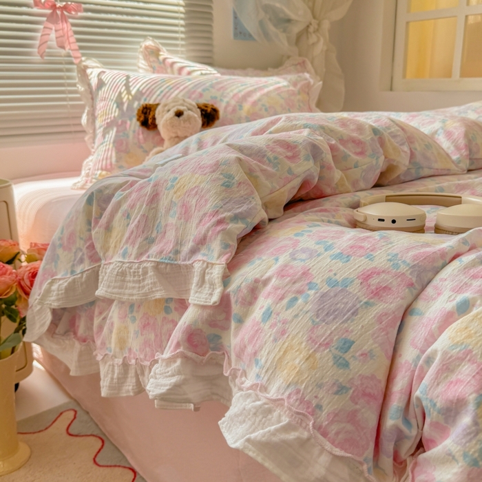 91家纺网 家纺一手货源 找家纺 （总）繁花家居 2025新款云感棉提花学生季超温柔小花边四件套