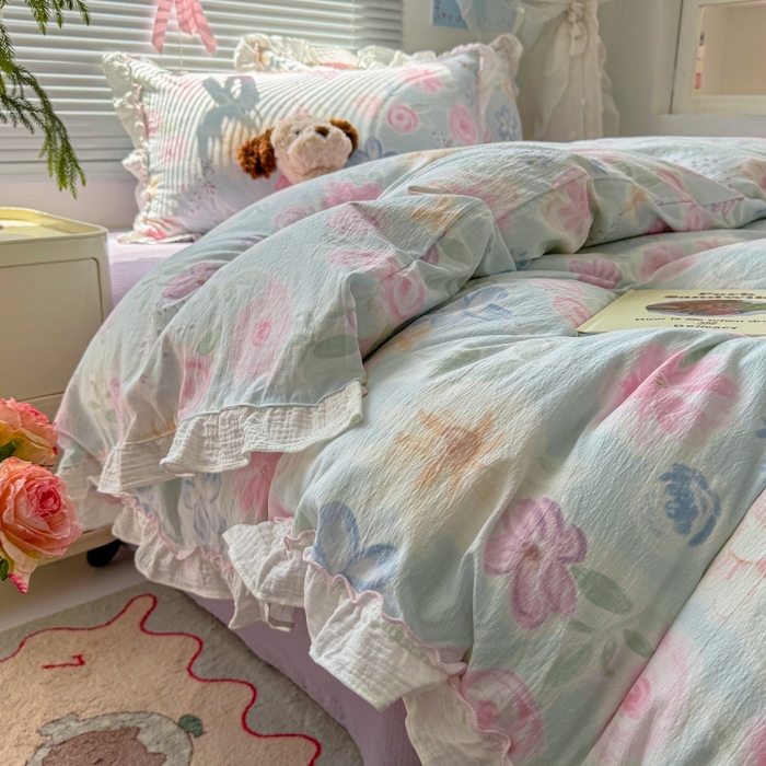 91家纺网 家纺一手货源 找家纺 （总）繁花家居 2025新款云感棉提花学生季超温柔小花边四件套