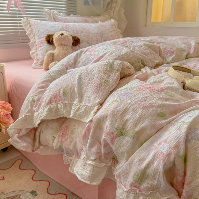 91家纺网 家纺一手货源 找家纺 繁花家居 2025新款云感棉提花学生季超温柔小花边四件套 秋水伊人