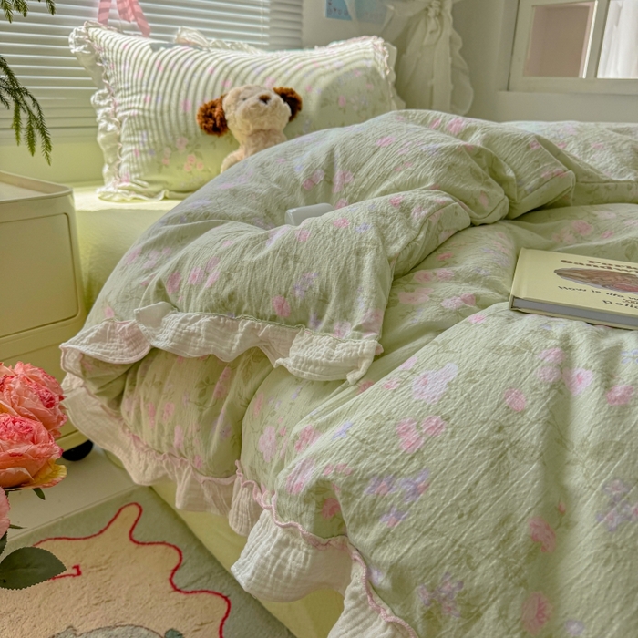 91家纺网 家纺一手货源 找家纺 （总）繁花家居 2025新款云感棉提花学生季超温柔小花边四件套