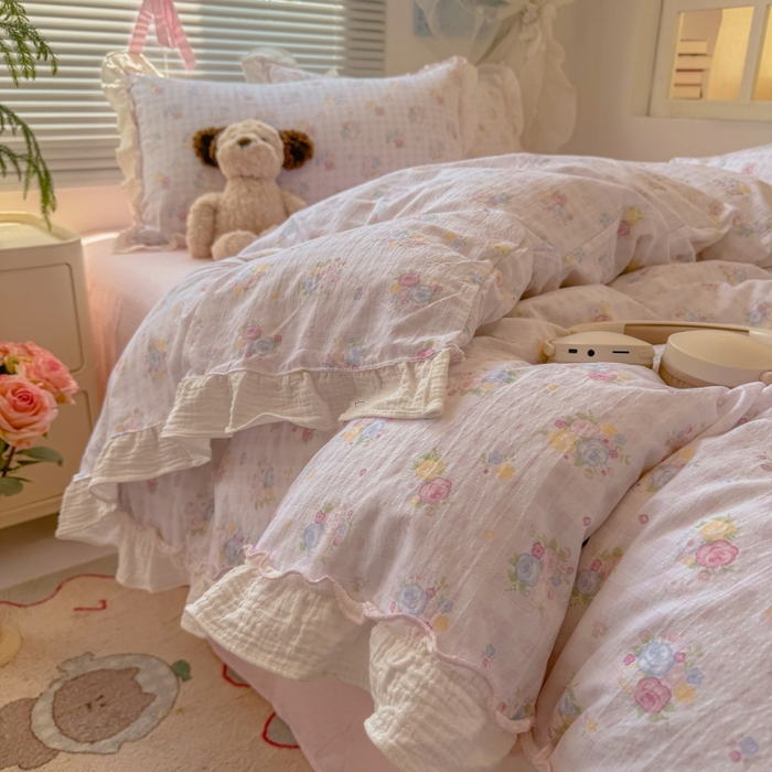 91家纺网 家纺一手货源 找家纺 （总）繁花家居 2025新款云感棉提花学生季超温柔小花边四件套