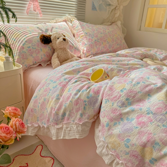 91家纺网 家纺一手货源 找家纺 繁花家居 2025新款云感棉提花学生季超温柔小花边四件套 半亩花田