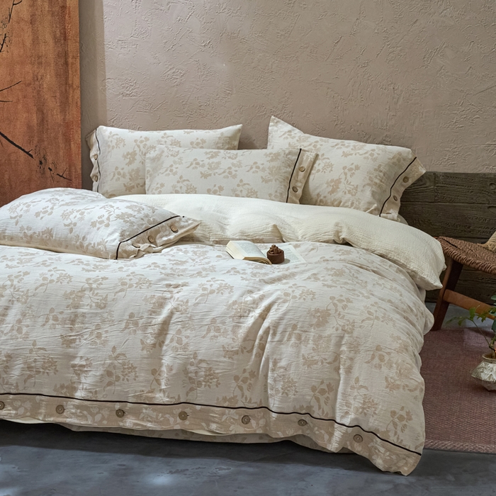 91家纺网 家纺一手货源 找家纺 （总）春皖家纺 2025新款棉麻大提花双层纱系列四件套-纽扣款