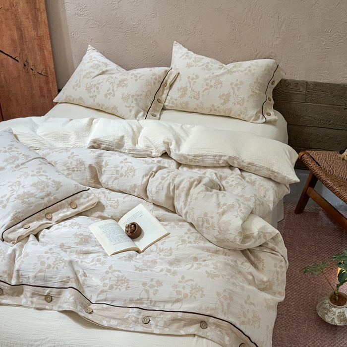 91家纺网 家纺一手货源 找家纺 （总）春皖家纺 2025新款棉麻大提花双层纱系列四件套-纽扣款