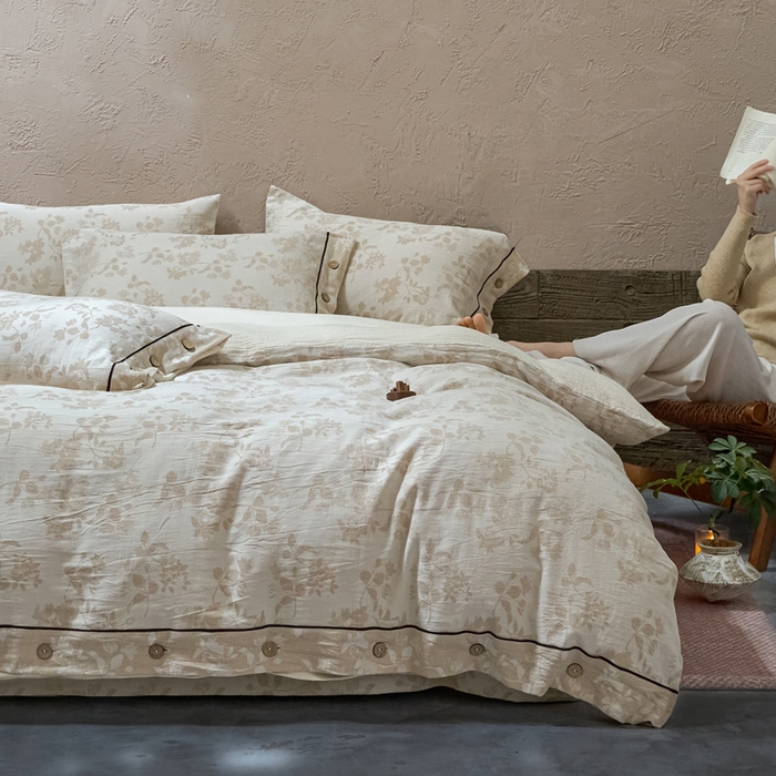 91家纺网 家纺一手货源 找家纺 （总）春皖家纺 2025新款棉麻大提花双层纱系列四件套-纽扣款