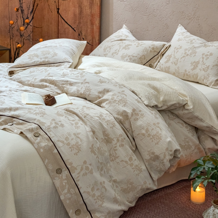 91家纺网 家纺一手货源 找家纺 （总）春皖家纺 2025新款棉麻大提花双层纱系列四件套-纽扣款