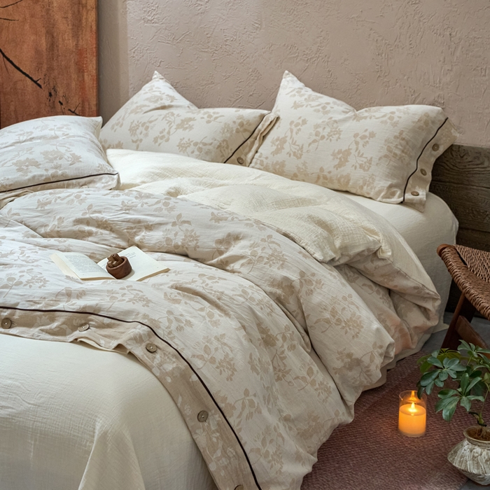 91家纺网 家纺一手货源 找家纺 （总）春皖家纺 2025新款棉麻大提花双层纱系列四件套-纽扣款