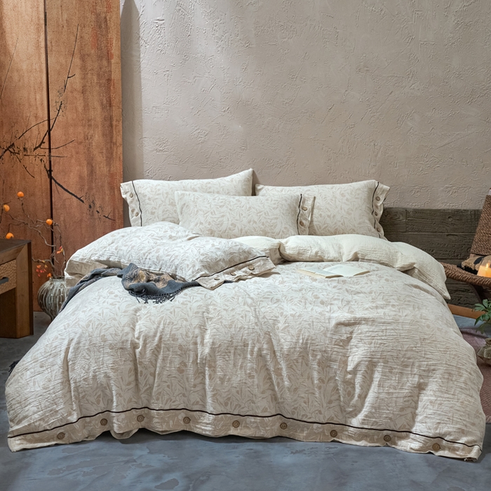 91家纺网 家纺一手货源 找家纺 春皖家纺 2025新款棉麻大提花双层纱系列四件套-纽扣款 赫素