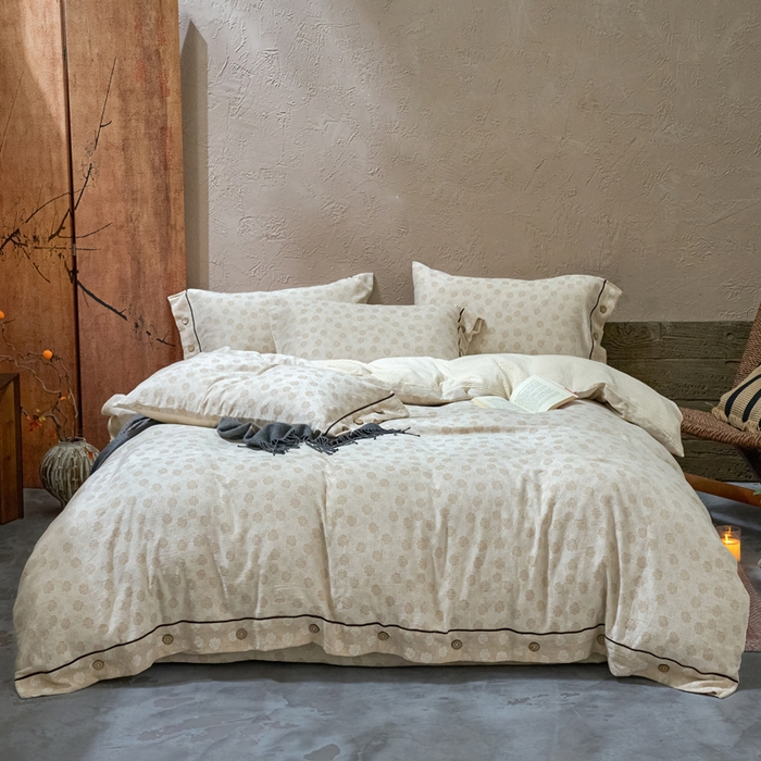 91家纺网 家纺一手货源 找家纺 春皖家纺 2025新款棉麻大提花双层纱系列四件套-纽扣款 愫朵