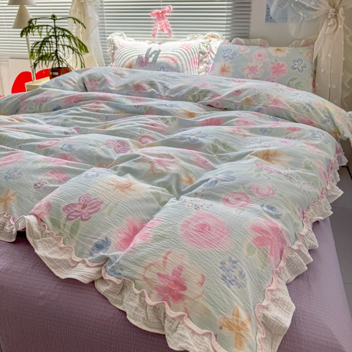 91家纺网 家纺一手货源 找家纺 繁花家居 2025新款云感棉提花学生季超温柔小花边四件套 海岛清茶