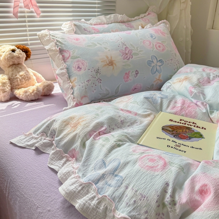 91家纺网 家纺一手货源 找家纺 繁花家居 2025新款云感棉提花学生季超温柔小花边四件套 海岛清茶