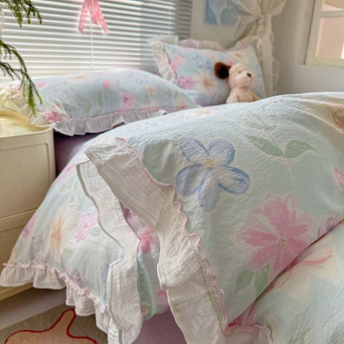 91家纺网 家纺一手货源 找家纺 繁花家居 2025新款云感棉提花学生季超温柔小花边四件套 海岛清茶