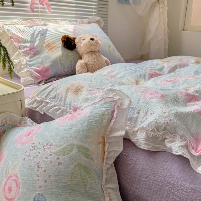 91家纺网 家纺一手货源 找家纺 繁花家居 2025新款云感棉提花学生季超温柔小花边四件套 海岛清茶