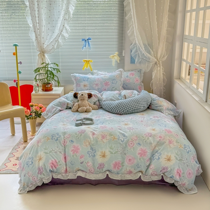 91家纺网 家纺一手货源 找家纺 繁花家居 2025新款云感棉提花学生季超温柔小花边四件套 海岛清茶