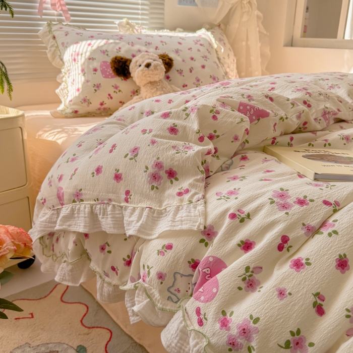 繁花家居 2025新款云感棉提花学生季超温柔小花边四件套 可可西里