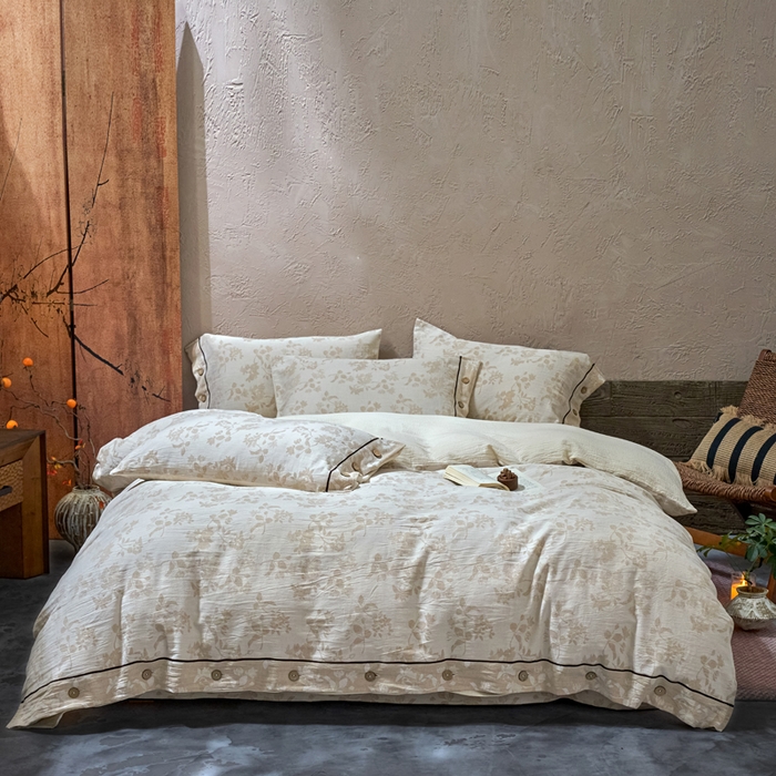 春皖家纺 2025新款棉麻大提花双层纱系列四件套-纽扣款 梵朴