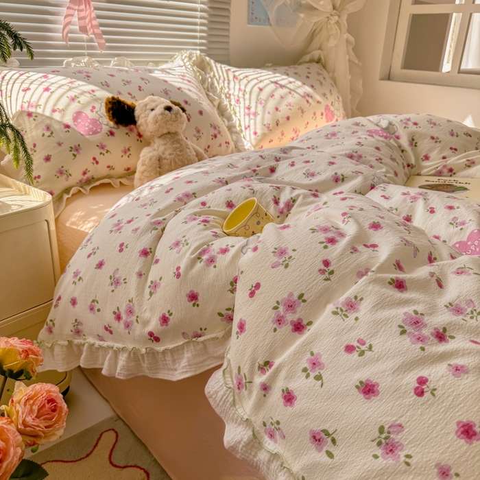 91家纺网 家纺一手货源 找家纺 繁花家居 2025新款云感棉提花学生季超温柔小花边四件套 可可西里