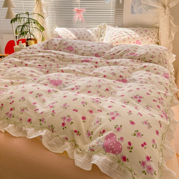 91家纺网 家纺一手货源 找家纺 繁花家居 2025新款云感棉提花学生季超温柔小花边四件套 可可西里