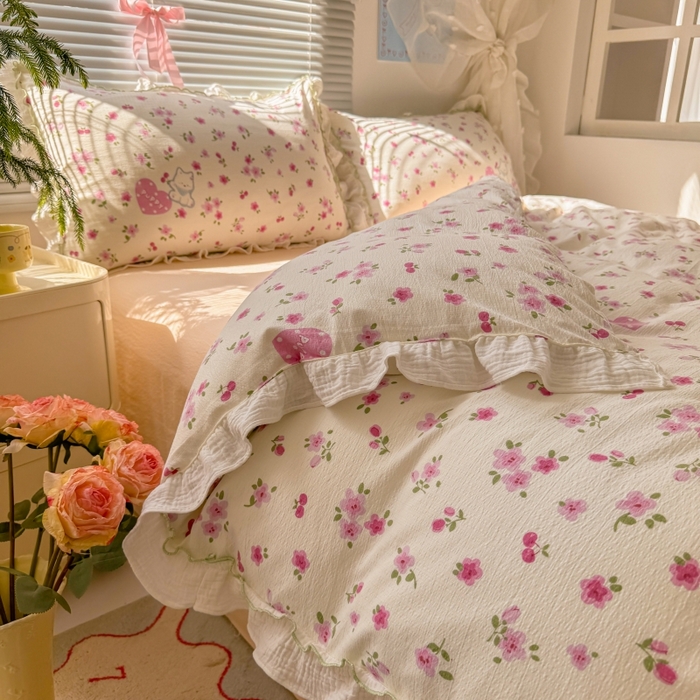 91家纺网 家纺一手货源 找家纺 繁花家居 2025新款云感棉提花学生季超温柔小花边四件套 可可西里