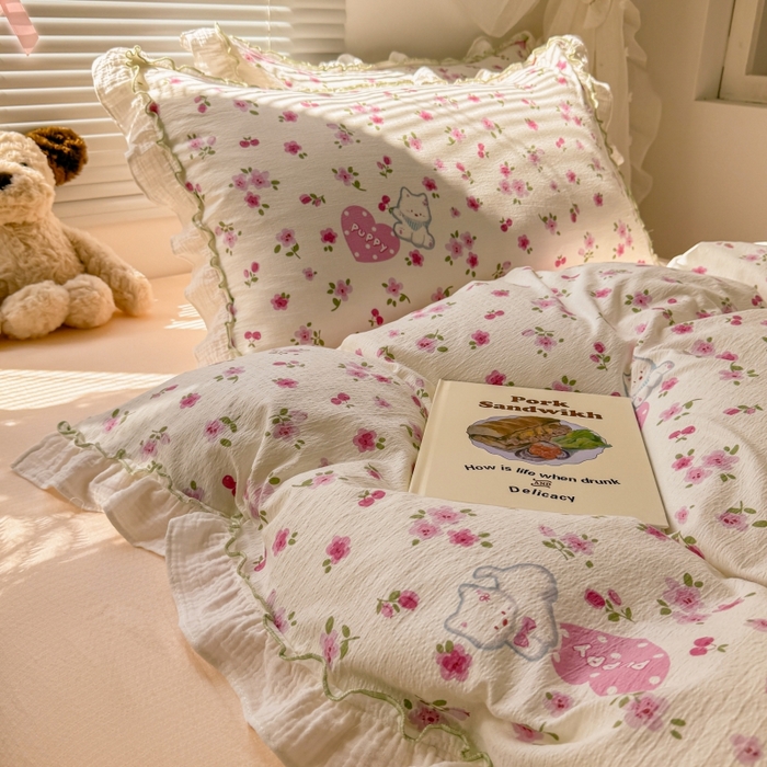 91家纺网 家纺一手货源 找家纺 繁花家居 2025新款云感棉提花学生季超温柔小花边四件套 可可西里