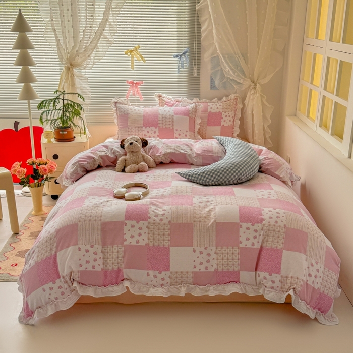 91家纺网 家纺一手货源 找家纺 繁花家居 2025新款云感棉提花学生季超温柔小花边四件套 克拉之恋