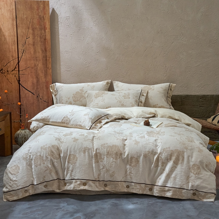 春皖家纺 2025新款棉麻大提花双层纱系列四件套-纽扣款 浮锦