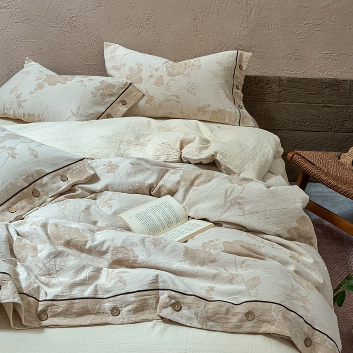 91家纺网 家纺一手货源 找家纺 春皖家纺 2025新款棉麻大提花双层纱系列四件套-纽扣款 浮锦