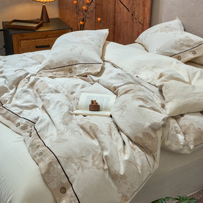 91家纺网 家纺一手货源 找家纺 春皖家纺 2025新款棉麻大提花双层纱系列四件套-纽扣款 浮锦