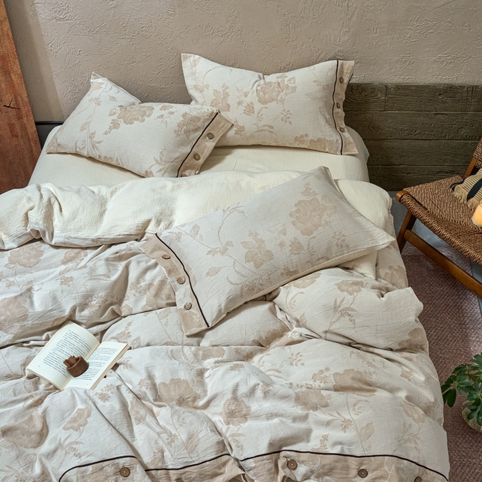 91家纺网 家纺一手货源 找家纺 春皖家纺 2025新款棉麻大提花双层纱系列四件套-纽扣款 浮锦